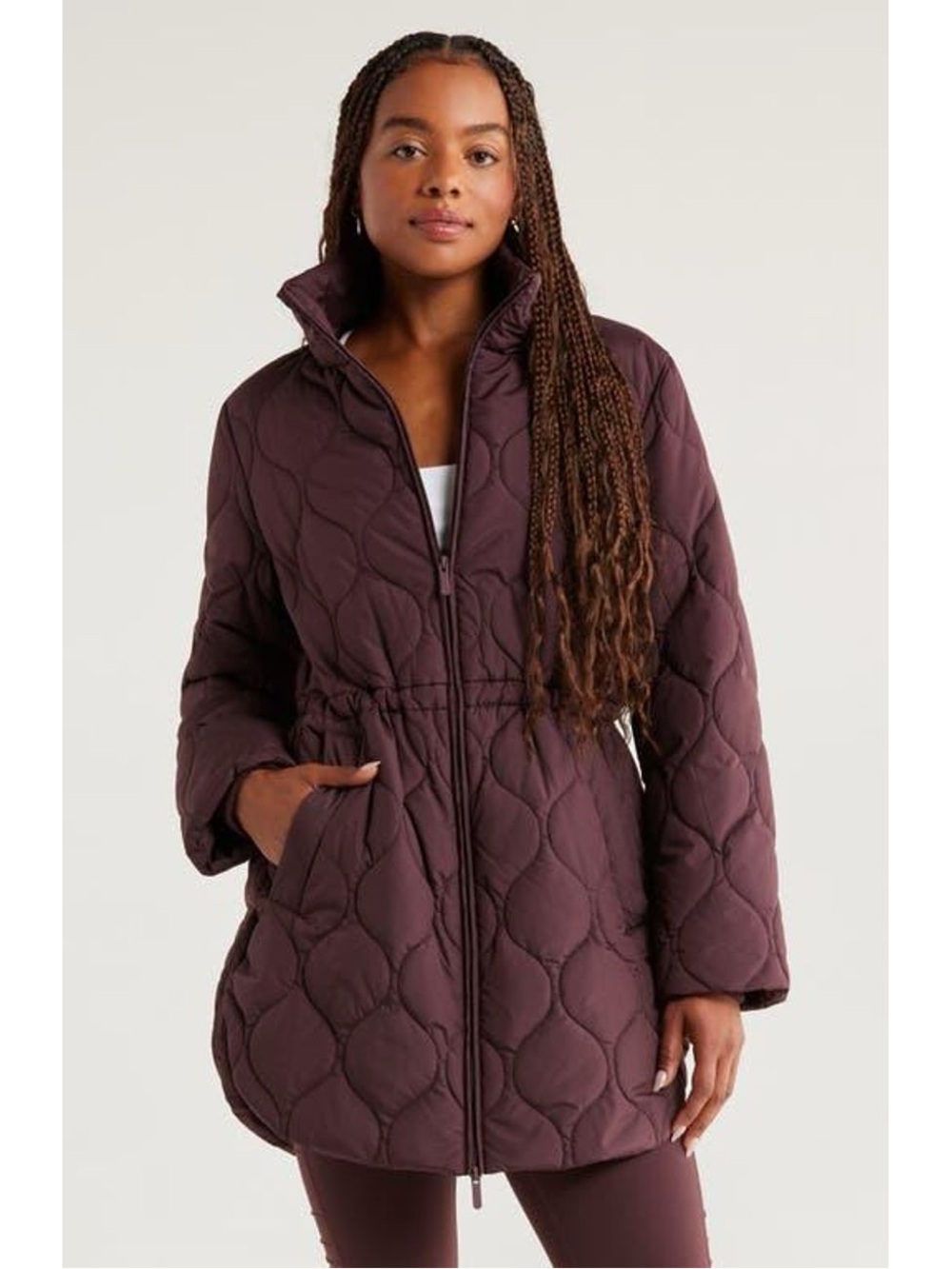Zella Skyline Longline Quilted Jacket Burgandy Fudge NWT $169 Puff Coat Medium